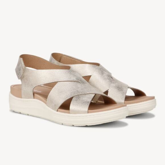Dr. Scholl's Time Off Sea Slingback Wedge Sandal Metallic Gold Faux Leather 9M - Picture 1 of 8